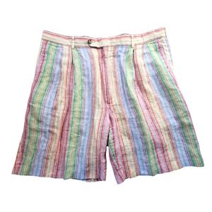 Berle Men's Pleated Striped Shorts Multi Color 37W/9L Linen Blend